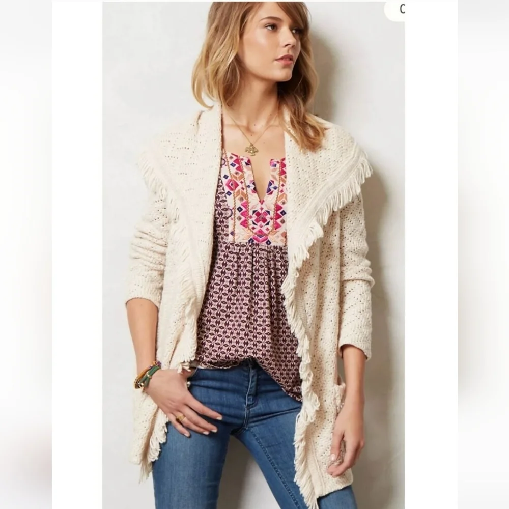 Angel of the North Fringe Cardigan Ivory Knit Boho Chevron Open Front Sweater M